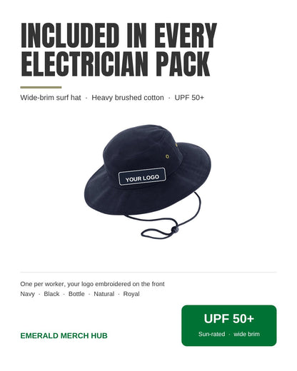 Item: surf hats – included wide-brim heavy brushed cotton surf hat, UPF 50+, with your logo embroidered on the front