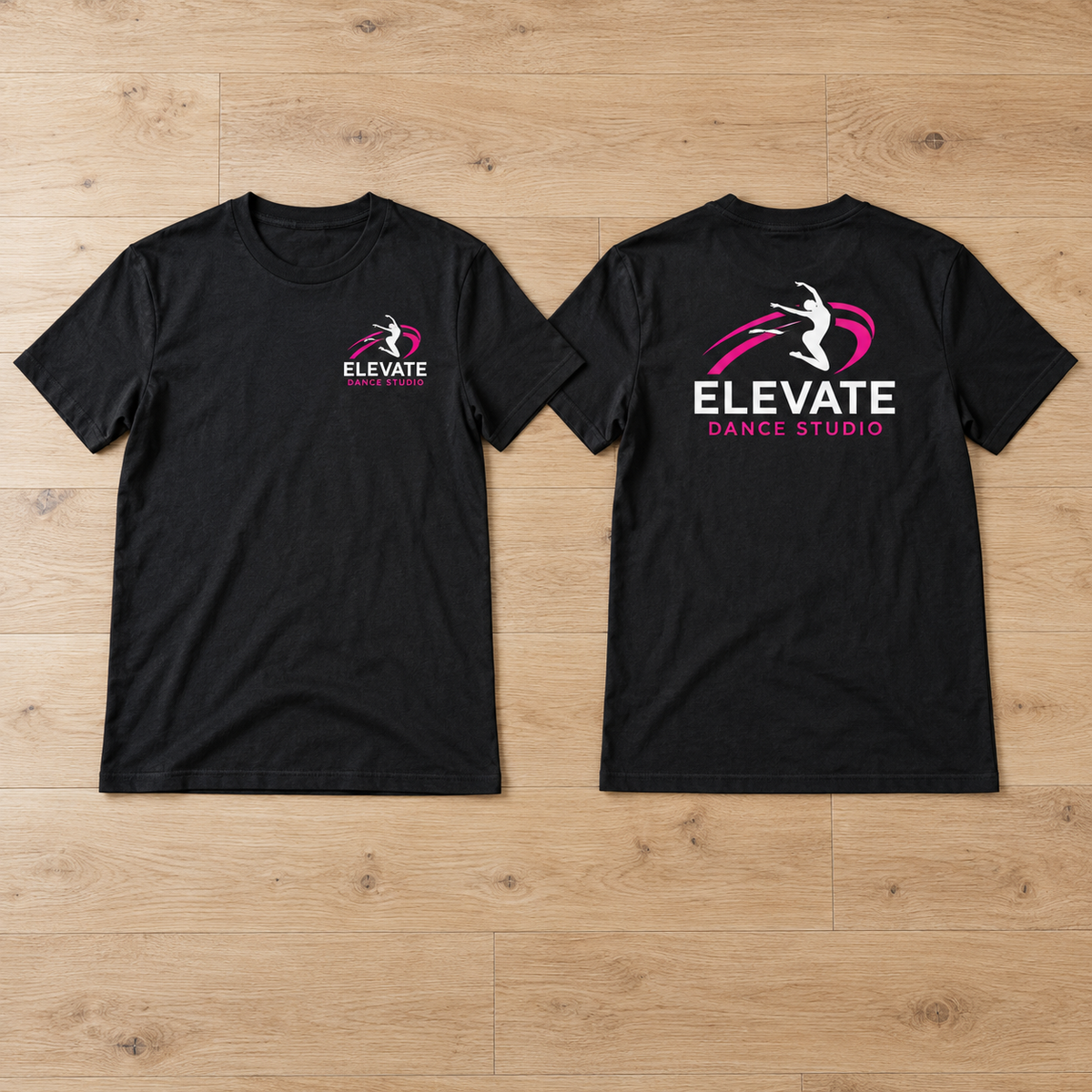 Black dance studio concert t-shirt showing left chest logo and back print