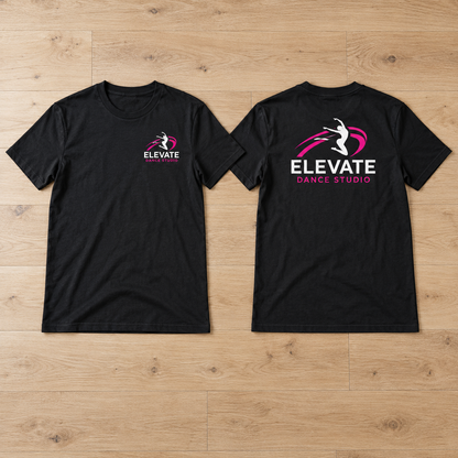 Black dance studio concert t-shirt showing left chest logo and back print