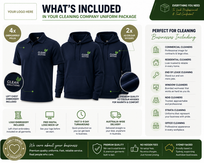 Essential Cleaners Pack - embroidered polo and hoodie uniform package for Sydney cleaning companies