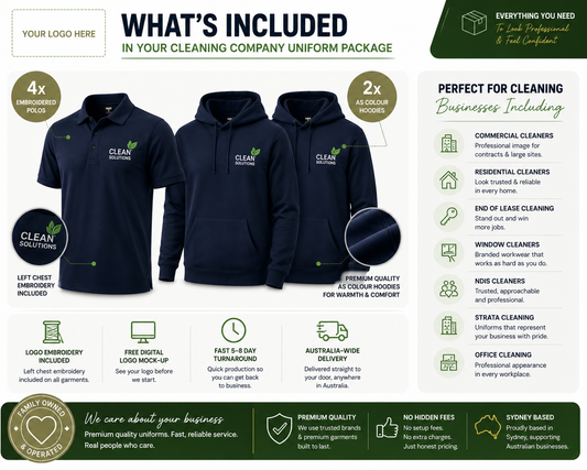 Essential Cleaners Pack - embroidered polo and hoodie uniform package for Sydney cleaning companies