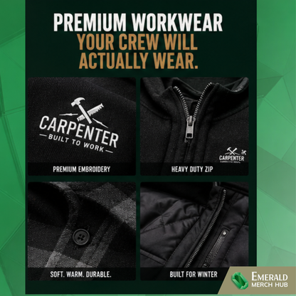 Close-up of premium custom embroidery on carpenter workwear showing professional left chest logo stitching on tradie uniform apparel