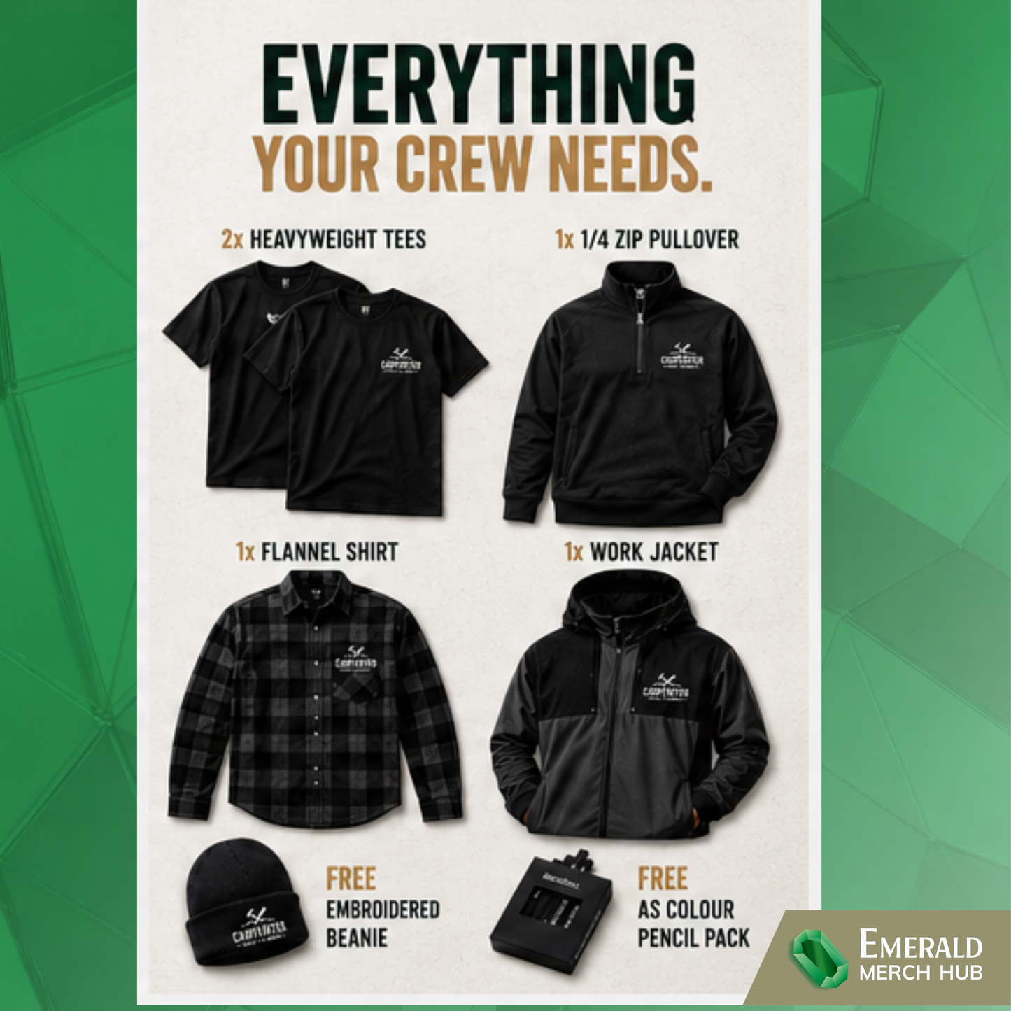 Custom embroidered carpenter workwear bundle including heavyweight work shirts, quarter zip jumper, flannel work shirt and winter tradie jacket