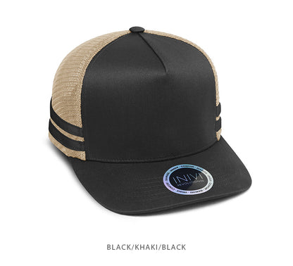 Premium Deep-Fit Striped Trucker Cap – black/khaki