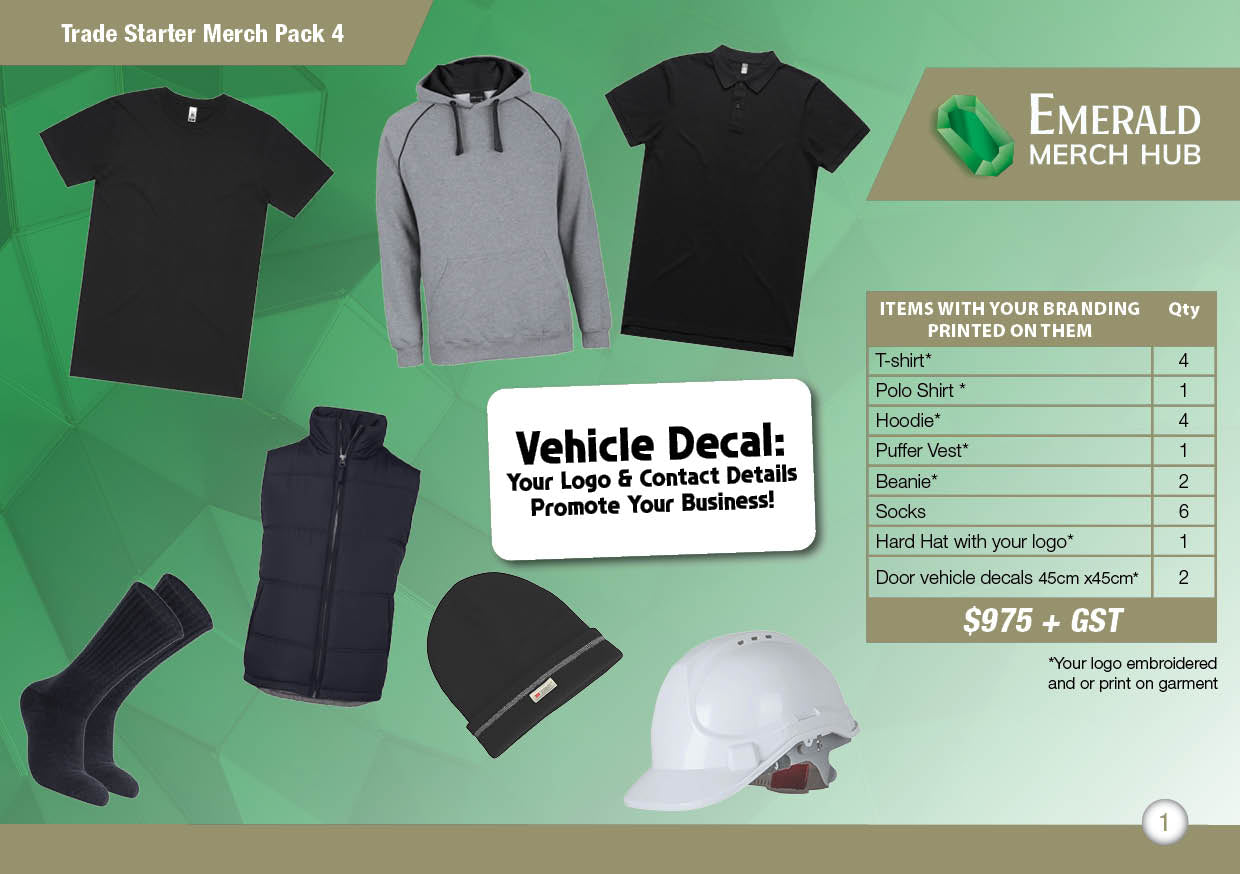 Trade starter merch pack 4 custom workwear package Australia including t-shirts hoodies polo vest beanies socks hard hat and vehicle decals