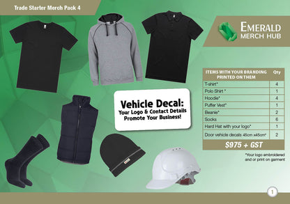 Trade starter merch pack 4 custom workwear package Australia including t-shirts hoodies polo vest beanies socks hard hat and vehicle decals
