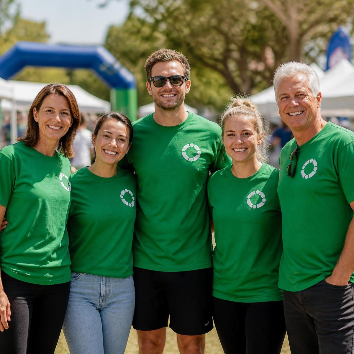 Event volunteers wearing matching custom printed green t-shirts at an outdoor community event