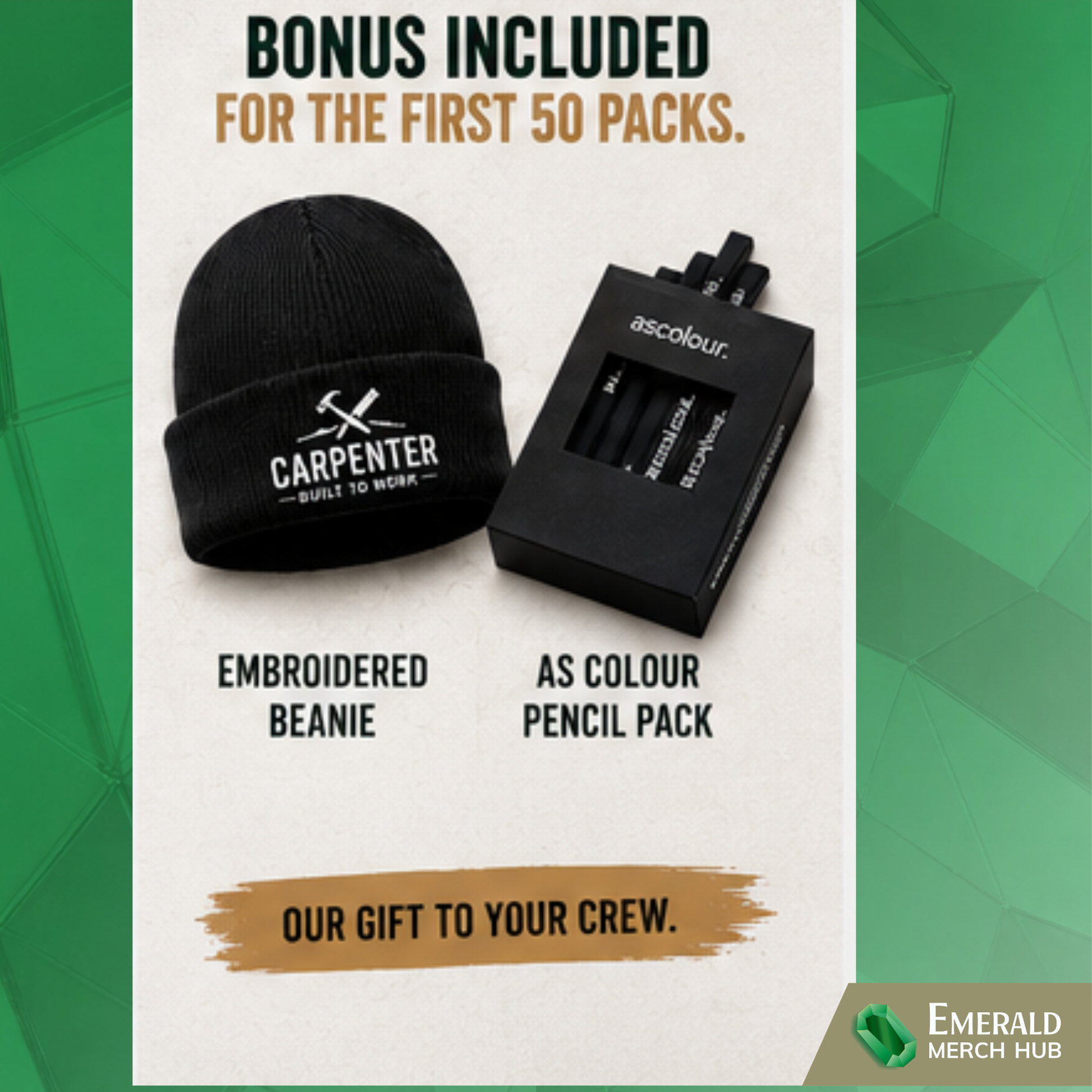Free embroidered beanie and AS Colour builders pencil pack included with custom carpenter winter workwear bundle