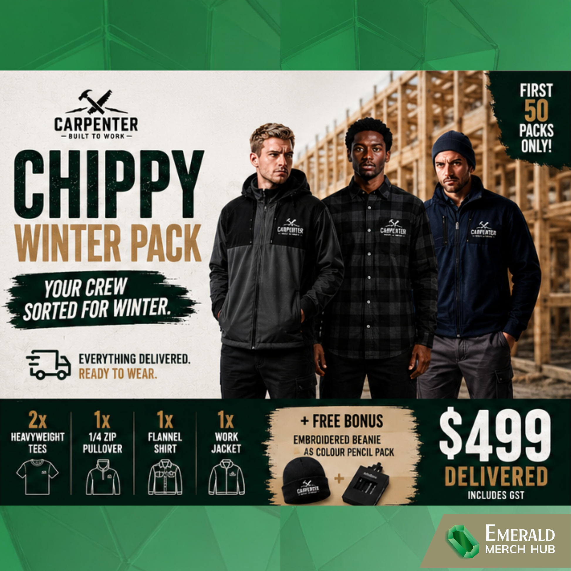Premium custom carpenter winter workwear pack Australia with embroidered hoodies, heavyweight tees, flannel shirt, work jacket and tradie branding by Emerald Merch Hub