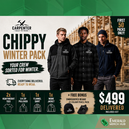 Premium custom carpenter winter workwear pack Australia with embroidered hoodies, heavyweight tees, flannel shirt, work jacket and tradie branding by Emerald Merch Hub