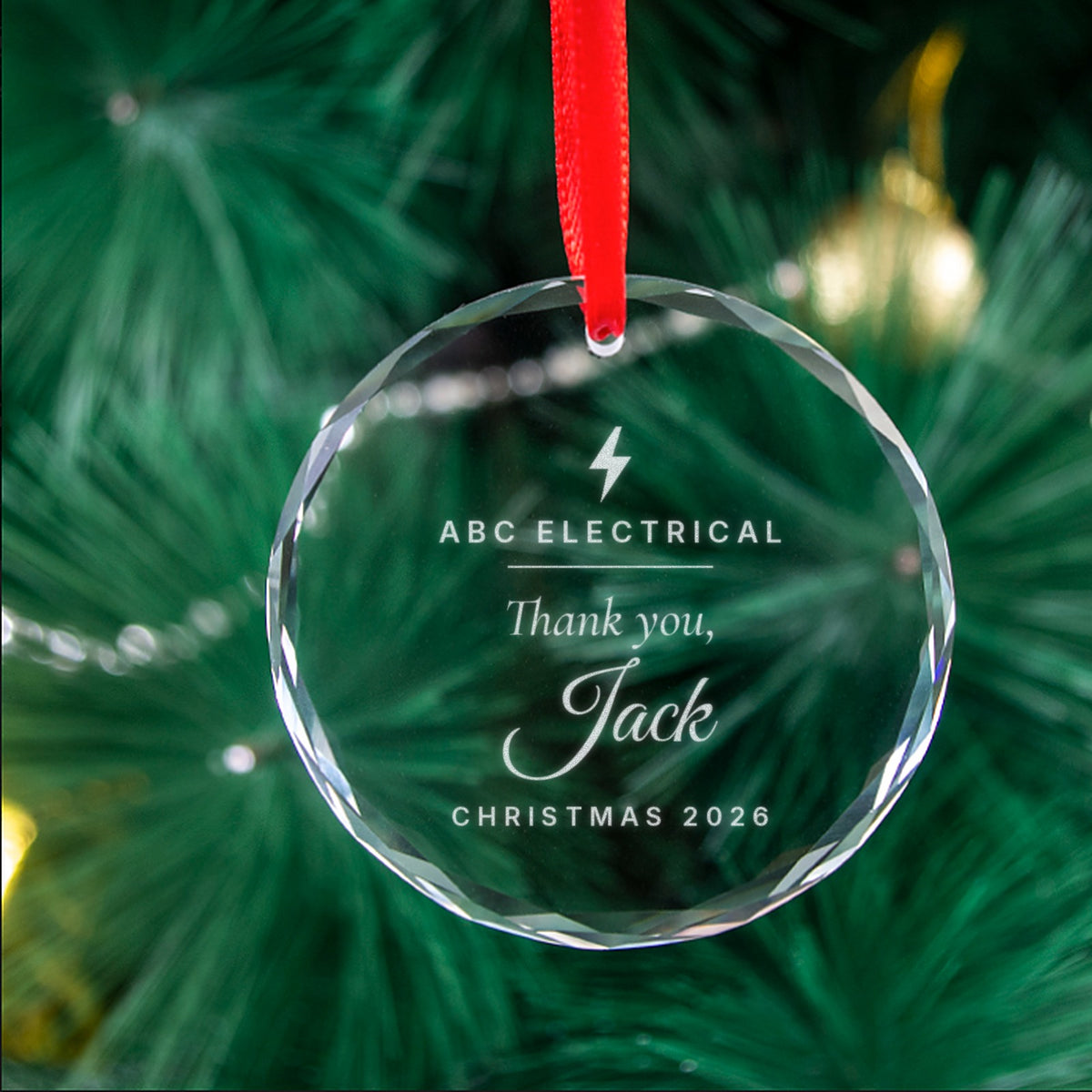 Corporate Christmas gift crystal ornament engraved with company logo and Thank you Jack, engraved in Sydney