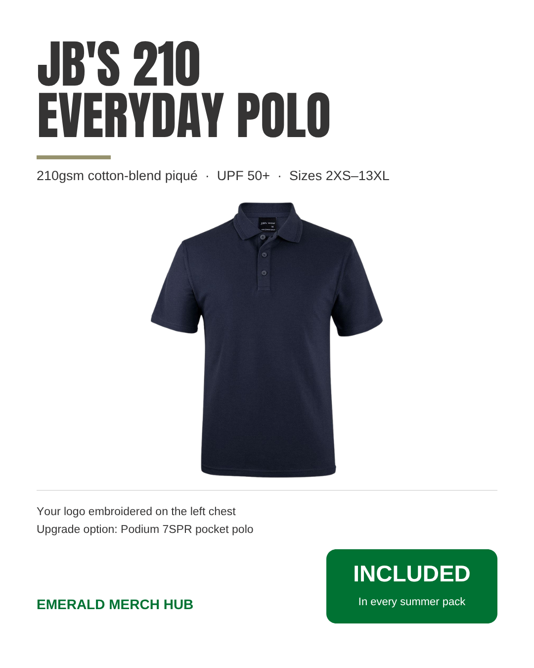 Item: JB's 210 Polo – navy everyday polo, 210gsm, UPF 50+, your logo embroidered on the left chest