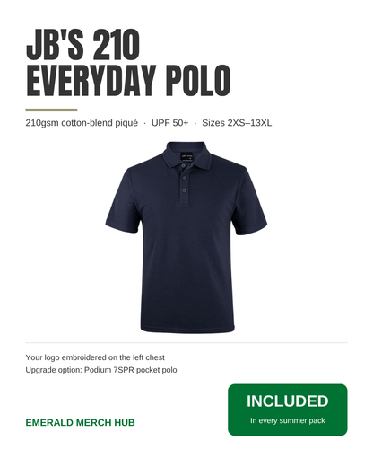 Item: JB's 210 Polo – navy everyday polo, 210gsm, UPF 50+, your logo embroidered on the left chest