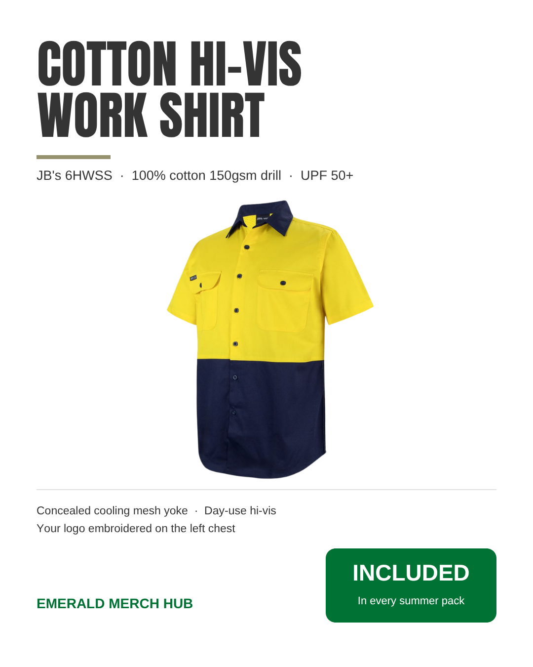 Item: JB's 6HWSS – cotton hi-vis work shirt, yellow/navy, UPF 50+, your logo embroidered on the left chest