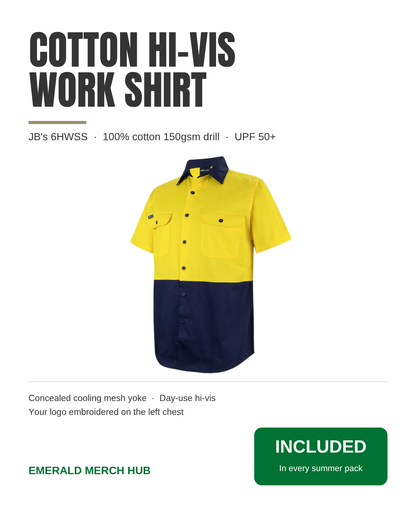 Item: JB's 6HWSS – cotton hi-vis work shirt, yellow/navy, UPF 50+, your logo embroidered on the left chest