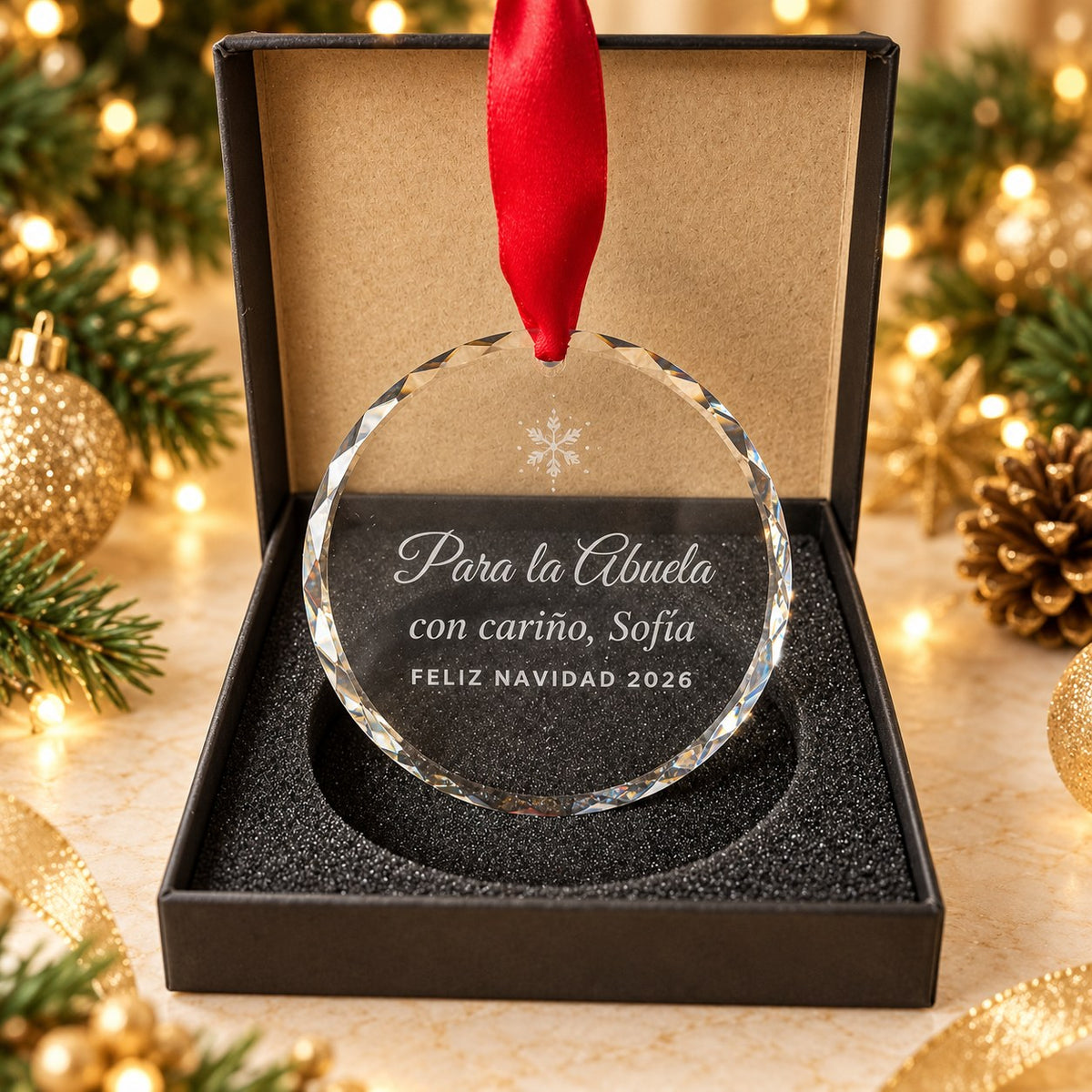 Crystal Christmas ornament engraved Para la Abuela, con carino Sofia, Feliz Navidad 2026, Spanish personalised video message gift in gift box