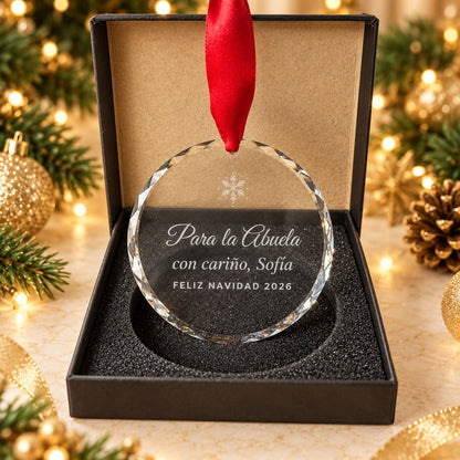 Crystal Christmas ornament engraved Para la Abuela, con carino Sofia, Feliz Navidad 2026, Spanish personalised video message gift in gift box