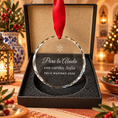 Spanish Christmas gift for Abuela, engraved crystal ornament Feliz Navidad 2026 in black gift box with red ribbon