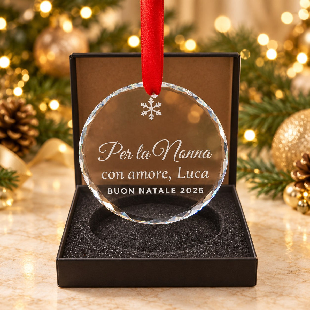 Personalised crystal Christmas ornament engraved Per la Nonna, con amore Luca, Buon Natale 2026, in black keepsake gift box with red ribbon, engraved in Sydney