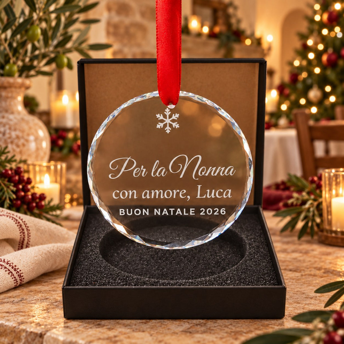 Italian Christmas gift for Nonna, engraved crystal ornament Buon Natale 2026 in gift box, video message tap tag hidden in lid