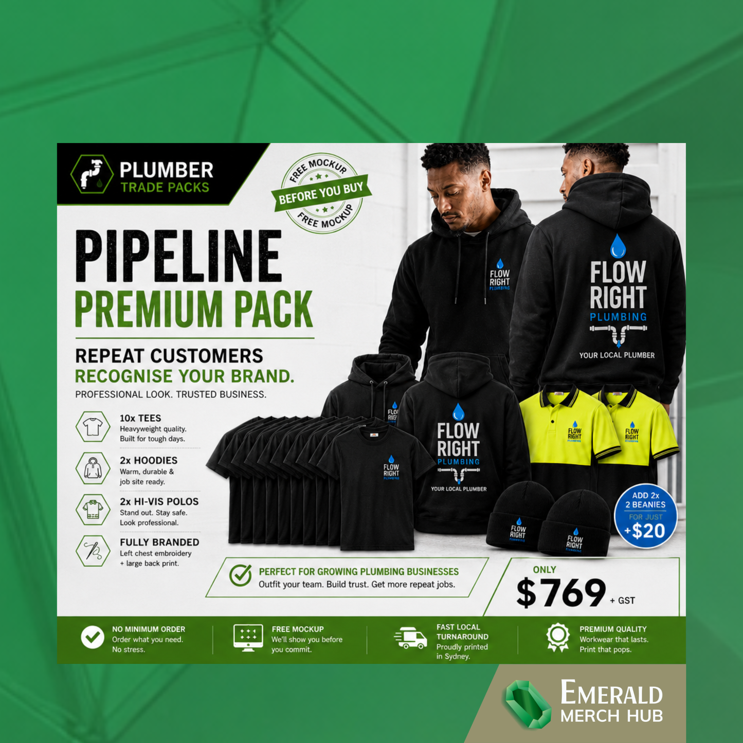 Premium custom plumbing workwear package including branded tees hoodies hi vis polos and embroidered beanies