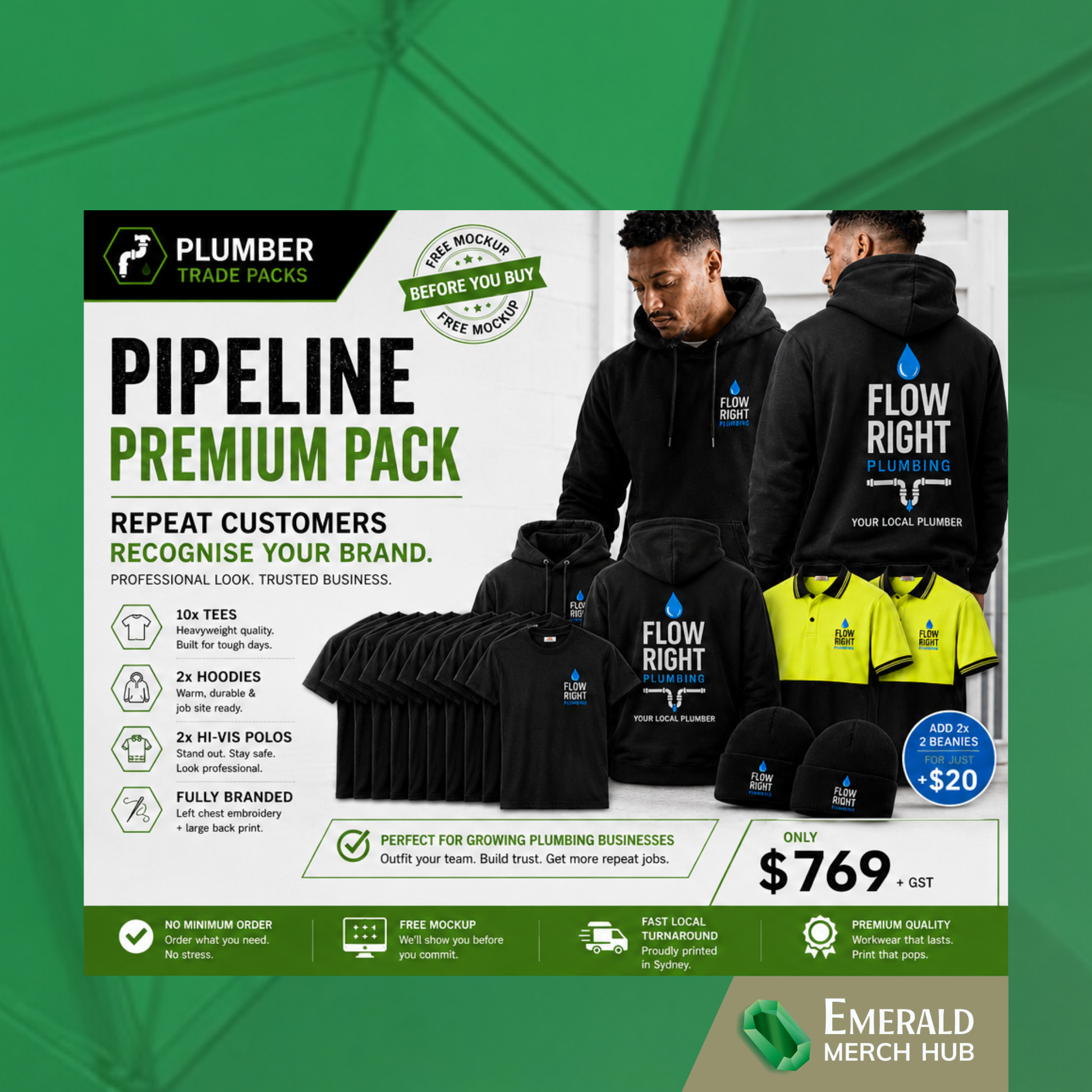 Premium custom plumbing workwear package including branded tees hoodies hi vis polos and embroidered beanies