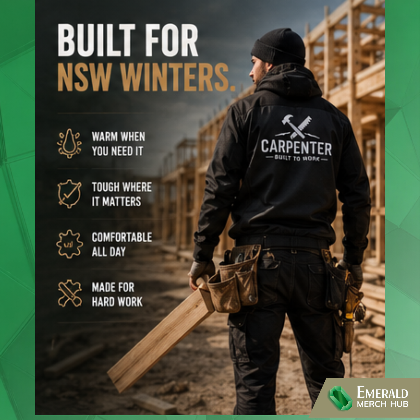 Residential carpenter wearing premium winter workwear on Australian construction site during cold weather conditions