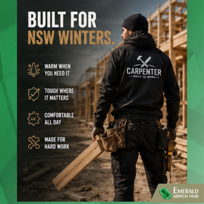 Residential carpenter wearing premium winter workwear on Australian construction site during cold weather conditions
