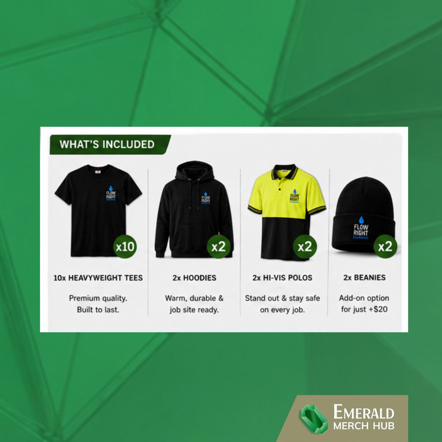 Custom branded plumber uniform package with heavyweight work shirts hoodies and hi vis polos
Premium black plumbing hoodie with left chest embroidery and large back print
Custom hi vis plumbing polo shirts for Australian trade businesses
Custom embroidered beanies for plumbers and tradies during winter work