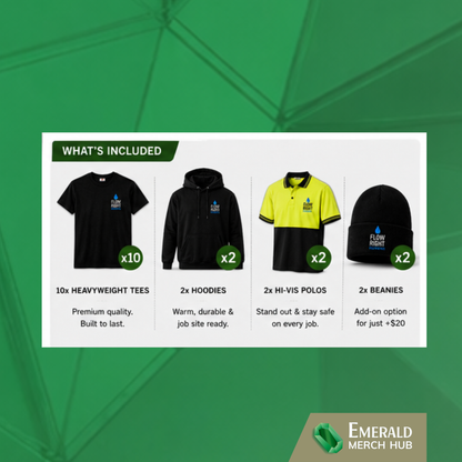 Custom branded plumber uniform package with heavyweight work shirts hoodies and hi vis polos
Premium black plumbing hoodie with left chest embroidery and large back print
Custom hi vis plumbing polo shirts for Australian trade businesses
Custom embroidered beanies for plumbers and tradies during winter work